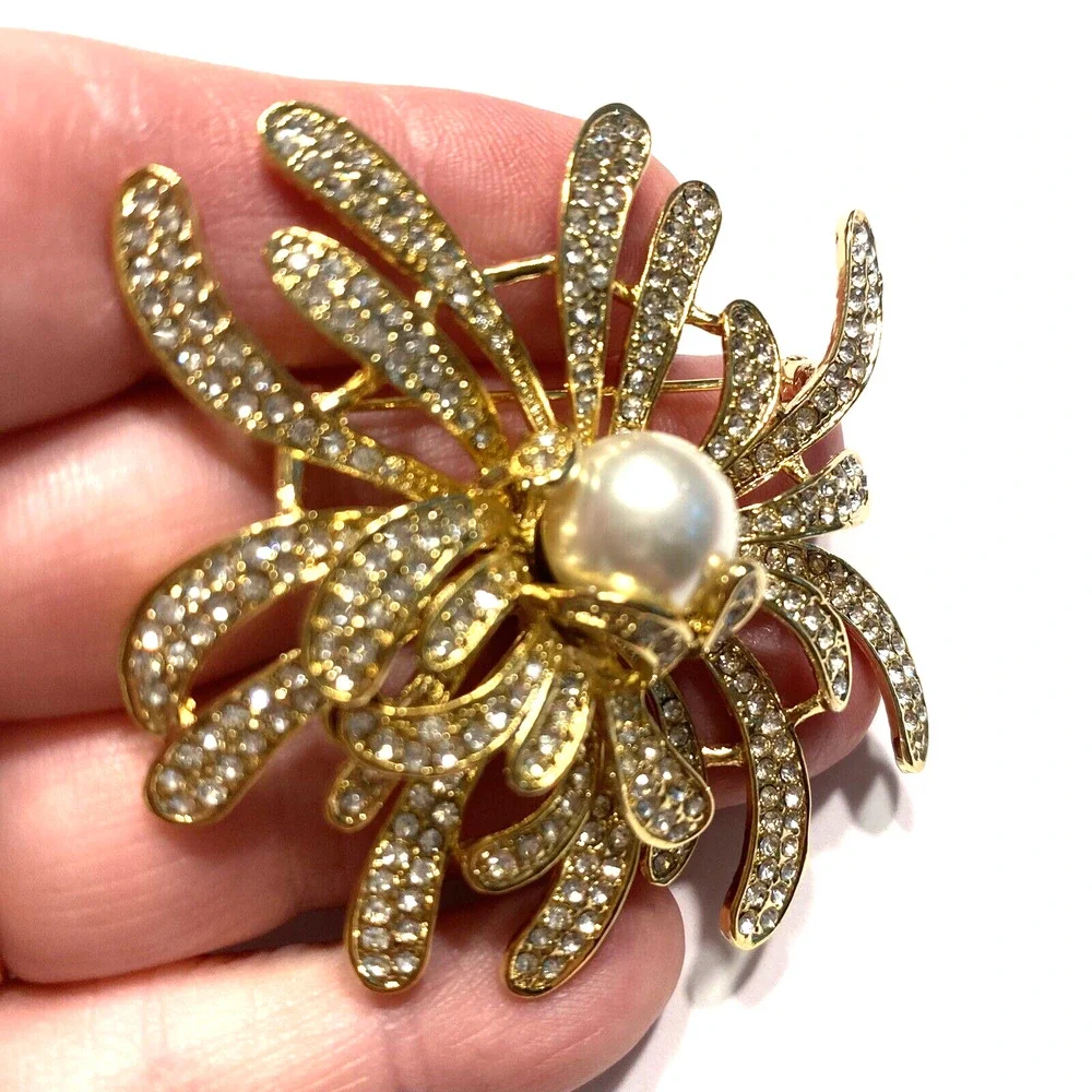 Runway Statement Gold Splash Brooch White Rhinestones & Faux Pearl Bead Mod Art